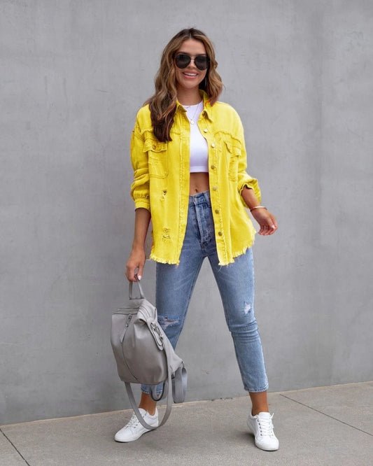 Mandotos women's ripped shirt jacket, casual autumn and spring fashion top, stylish and breathable women's clothing.