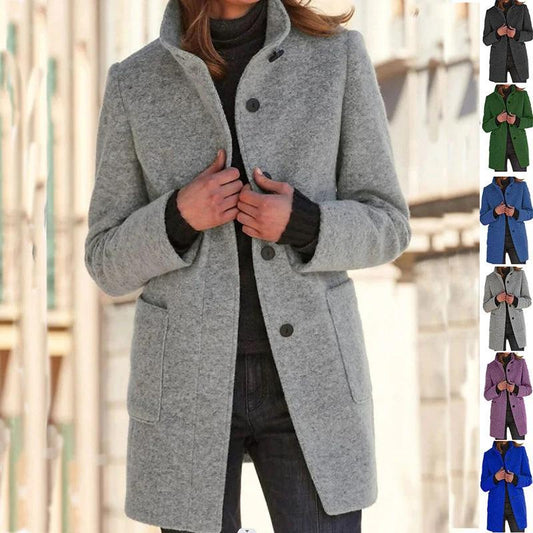 Mandotos women's woolen coat with stand collar, pockets, and button closure, perfect for fall and winter casual wear.