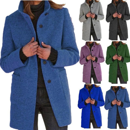 Mandotos women's woolen coat with stand collar, pockets, and buttons, perfect for fall and winter casual outerwear.