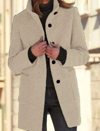 Mandotos women's woolen coat with stand collar, pockets, and button closure, suitable for fall and winter casual wear.