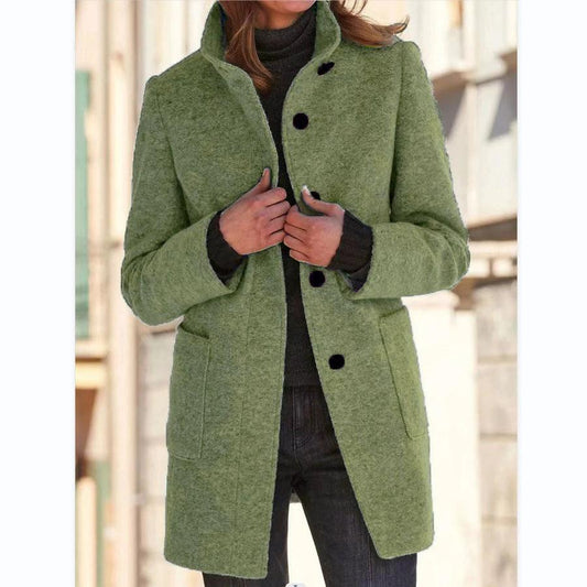 Mandotos women's woolen coat with stand collar, pockets, and button closure, perfect for fall and winter casual wear.