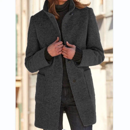 Mandotos women's woolen coat with stand collar, pockets, and button closure for fall winter casual outerwear.