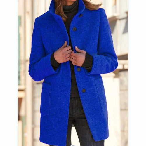 Mandotos women's woolen coat with stand collar, pockets, and buttons, suitable for fall and winter casual outdoor wear.