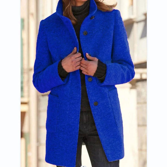 Mandotos women's woolen coat with stand collar, pockets, and buttons, suitable for fall and winter casual outdoor wear.