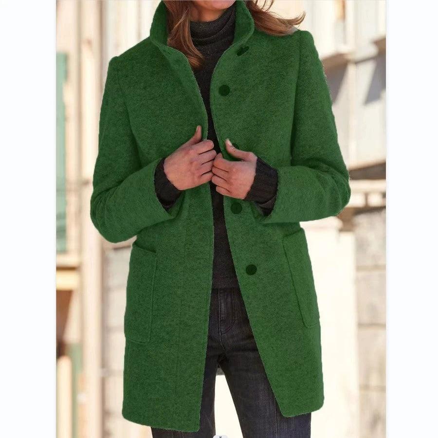 Mandotos women's woolen coat with stand collar, pockets, and buttons, suitable for fall and winter casual wear.