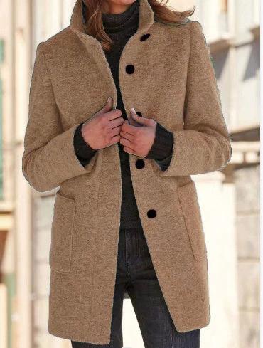 Mandotos woolen coat with stand collar, pockets, and button closure, suitable for fall and winter casual women's outerwear.