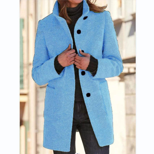 Mandotos women's woolen coat with stand collar, pockets, and button closure, suitable for fall and winter casual wear.