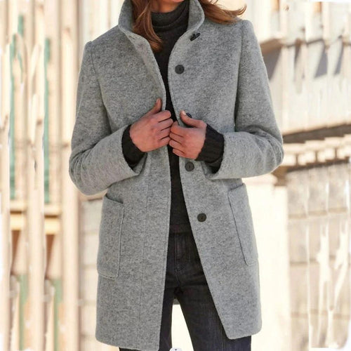 Mandotos women's woolen coat with stand collar, pockets, and button closure, ideal for fall and winter casual wear.