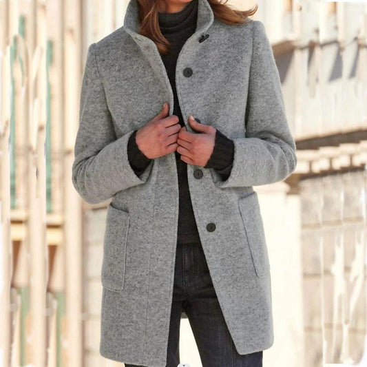 Mandotos women's woolen coat with stand collar, pockets, and button closure, ideal for fall and winter casual wear.
