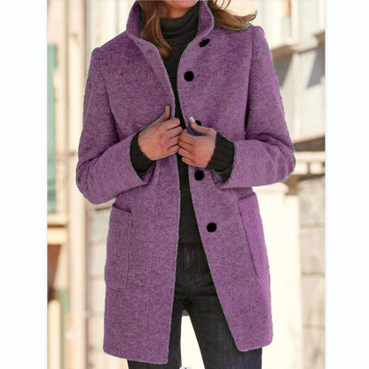 Mandotos women's woolen coat with stand collar, pockets, and button closure, ideal for fall and winter casual wear.