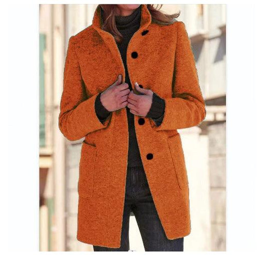 Mandotos women's woolen coat with stand collar, pockets, and button closure, ideal for fall and winter casual wear.