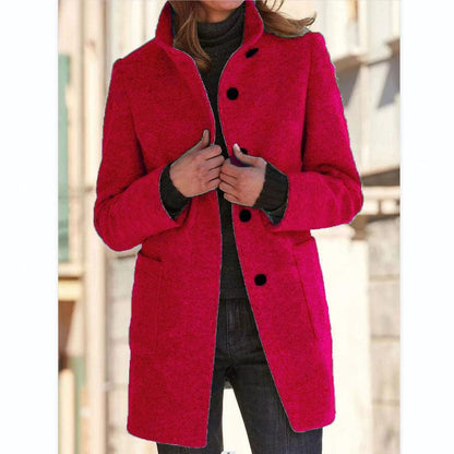 Mandotos women's woolen coat with stand collar, pockets, and button closure, suitable for fall and winter casual wear.