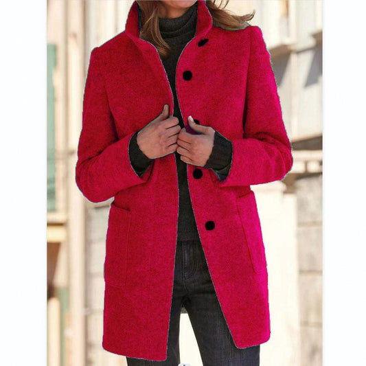 Mandotos women's woolen coat with stand collar, pockets, and button closure, suitable for fall and winter casual wear.
