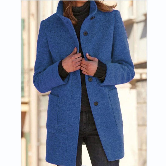 Mandotos women's woolen coat with stand collar, pockets, and button closure for fall and winter casual wear.