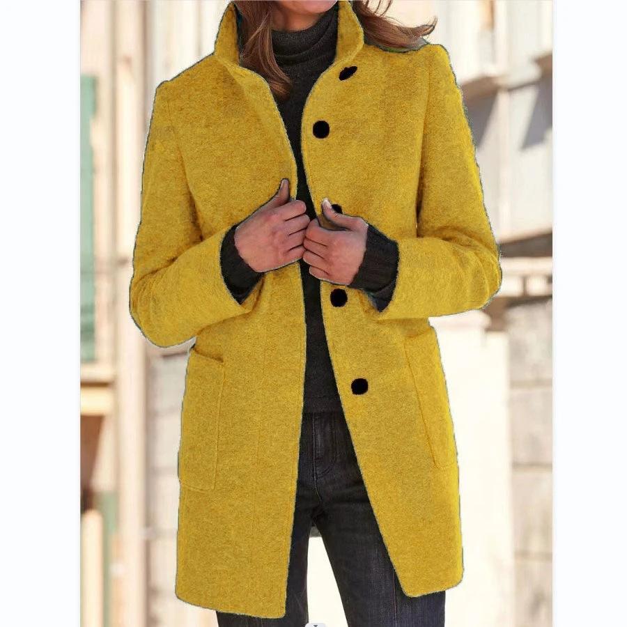 Mandotos women's woolen coat with stand collar, pockets, and button closure, ideal for fall and winter casual outerwear.