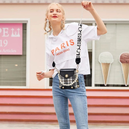 Mandotos women's crossbody bag with pearl chain, cute princess wallet design, classic shoulder style, summer accessory, phone holder.