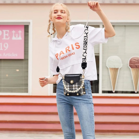 Mandotos women's crossbody bag with pearl chain, cute princess wallet design, classic shoulder style, summer accessory, phone holder.