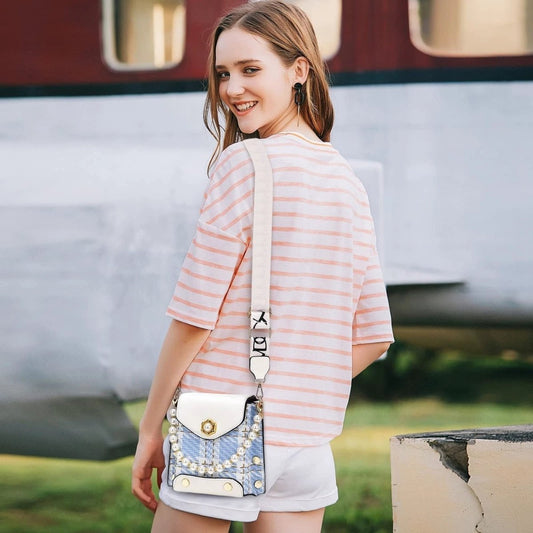 Mandotos women's crossbody bag with pearl chain, cute princess wallet design, summer style, classic shoulder bag for girls and women.