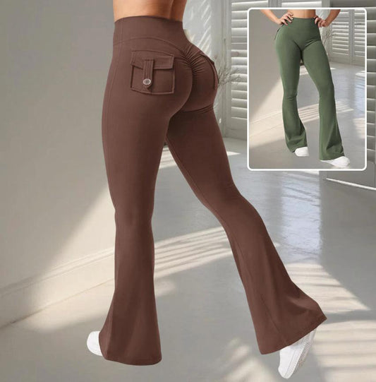 Mandotos Fierce Fit yoga pants with high waist, flared legs, pockets, and scrunch butt lift for comfort and style.
