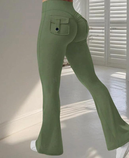 Mandotos Fierce Fit yoga pants with high waist, flared legs, pockets, and scrunch butt lift for comfort and style.