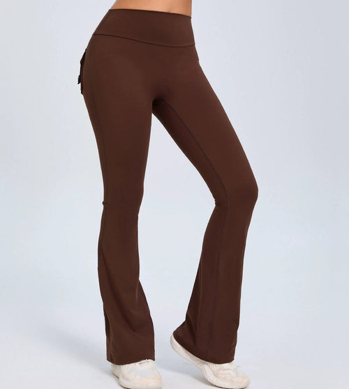 Mandotos Fierce Fit yoga pants with high waist, flared design, pockets, and scrunch butt lift for comfort and style.