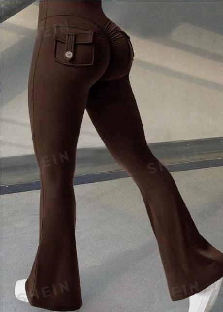 Mandotos Fierce Fit yoga pants featuring high waist, flared design, pockets, and scrunch butt lift for comfort and style.