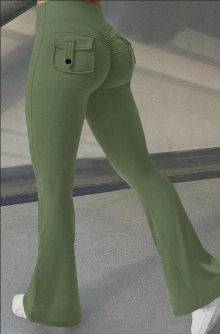 Mandotos Fierce Fit yoga pants with high waist, flared design, pockets, and scrunch butt lift for comfort and style.