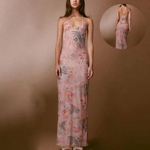 Mandotos floral print halter dress with butterfly back and spaghetti straps, perfect for summer or casual occasions.