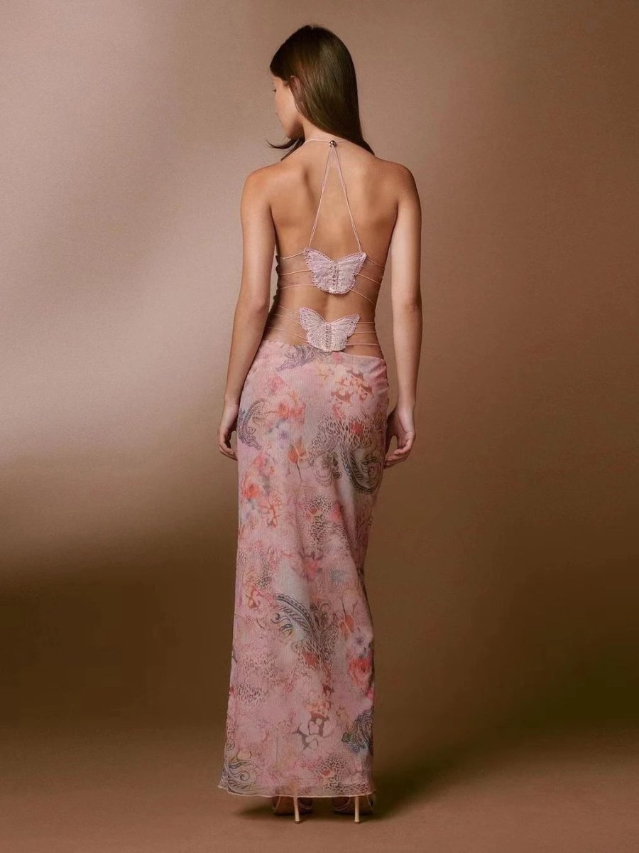 Mandotos floral print halter dress with butterfly back and spaghetti straps, stylish summer dress for women.