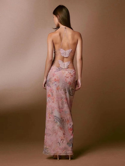 Mandotos floral print halter dress with butterfly back and spaghetti straps, stylish summer dress for women.