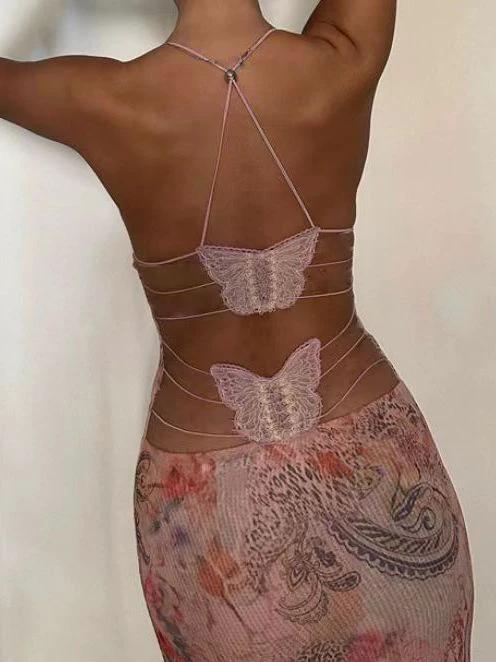 Mandotos floral print halter dress with butterfly back and spaghetti straps, stylish and feminine for summer wear.