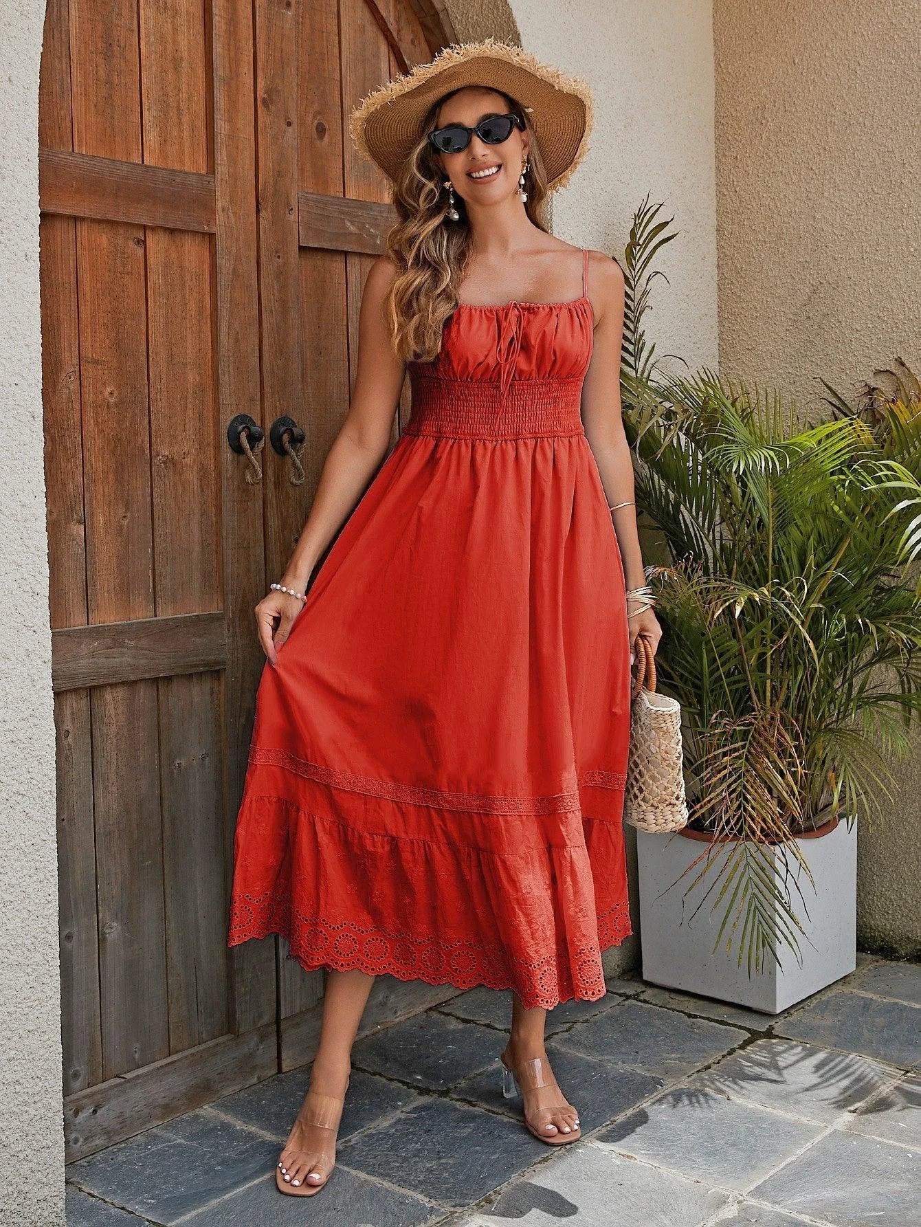 Mandotos French romantic style cotton maxi dress for women, flowing fabric, floral pattern, and elegant neckline.