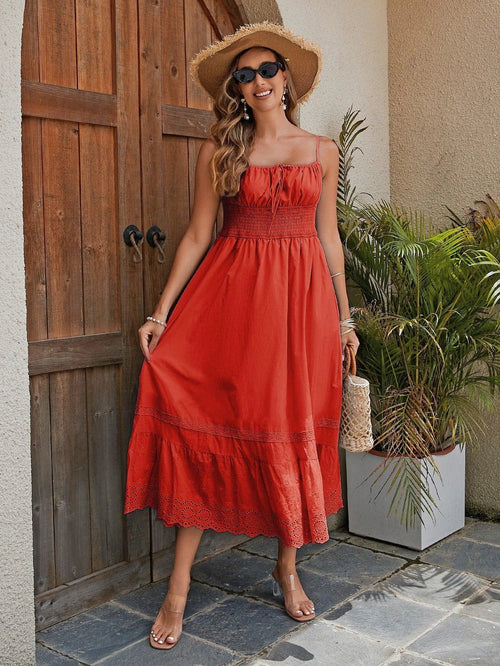 Mandotos French romantic style cotton maxi dress for women, flowing fabric, floral pattern, and elegant neckline.