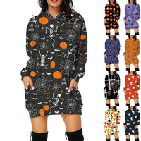 Mandotos Halloween print long hoodie with pockets, long sleeves, and cozy sweater style for women.