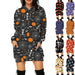 Mandotos Halloween print long hoodie with pockets, long sleeves, and cozy sweater style for women.