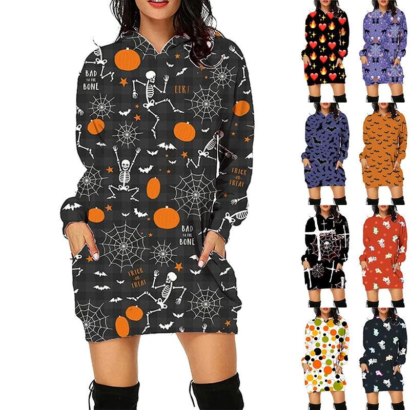 Mandotos Halloween print long hoodie with pockets, long sleeves, and cozy sweater style for women.