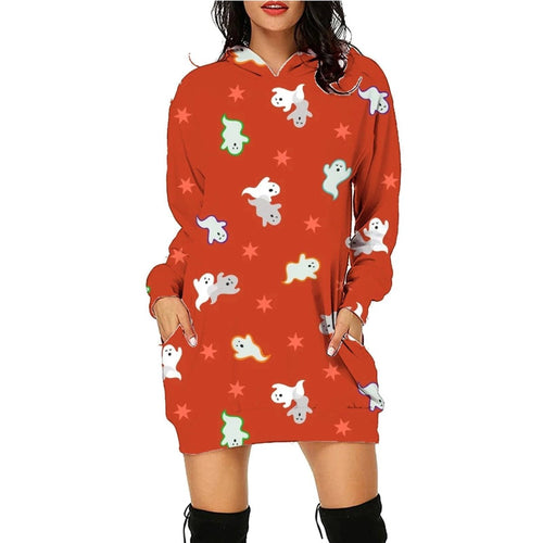 Mandotos Halloween print long hoodie with pockets, long sleeve sweater for women, featuring festive spooky design and comfortable fit.