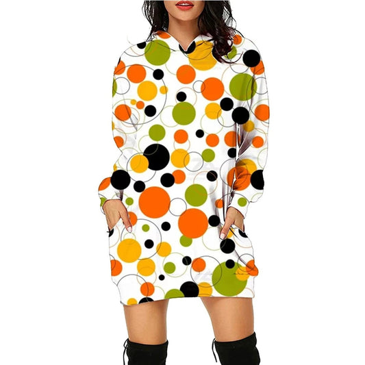 Mandotos Halloween print long hoodie for women, featuring long sleeves, pockets, and a festive spooky design.