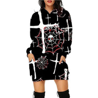 Mandotos Halloween print long hoodie for women with pockets, featuring long sleeves and festive seasonal design.