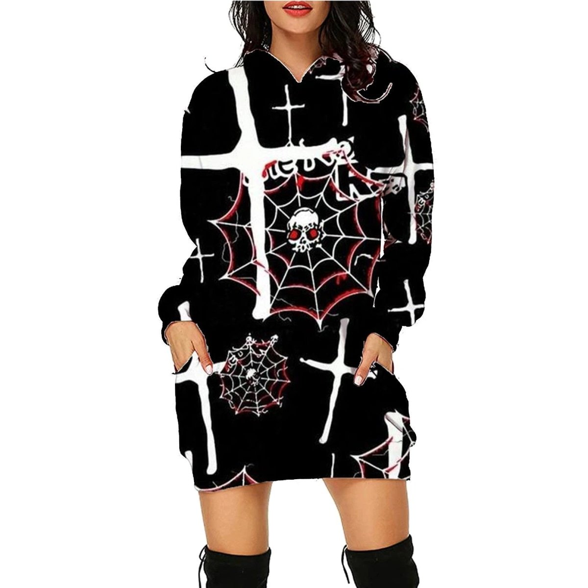 Mandotos Halloween print long hoodie for women with pockets, featuring long sleeves and festive seasonal design.