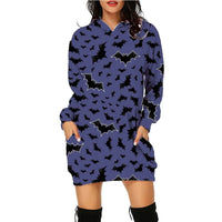 Mandotos Halloween print long hoodie with pockets, long sleeve sweater for women, featuring festive spooky design and comfortable fit.