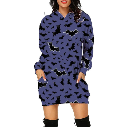 Mandotos Halloween print long hoodie with pockets, long sleeve sweater for women, featuring festive spooky design and comfortable fit.