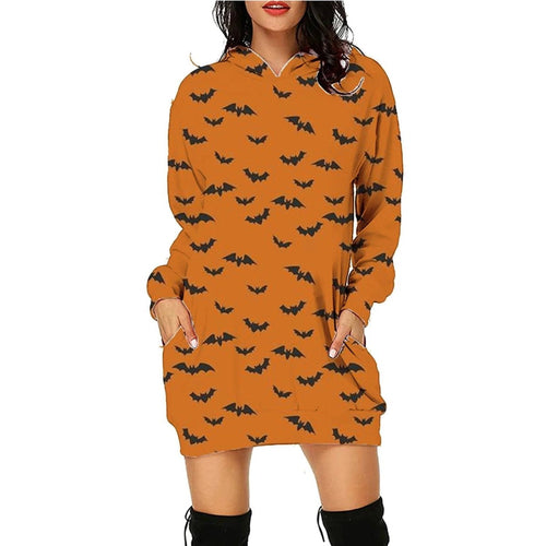 Mandotos Halloween print long hoodie for women with pockets and long sleeves, featuring festive spooky-themed design.