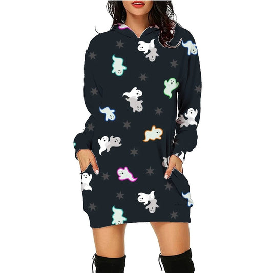 Mandotos Halloween print long hoodie with pockets, long sleeve sweater for women, featuring festive Halloween design and cozy fit.