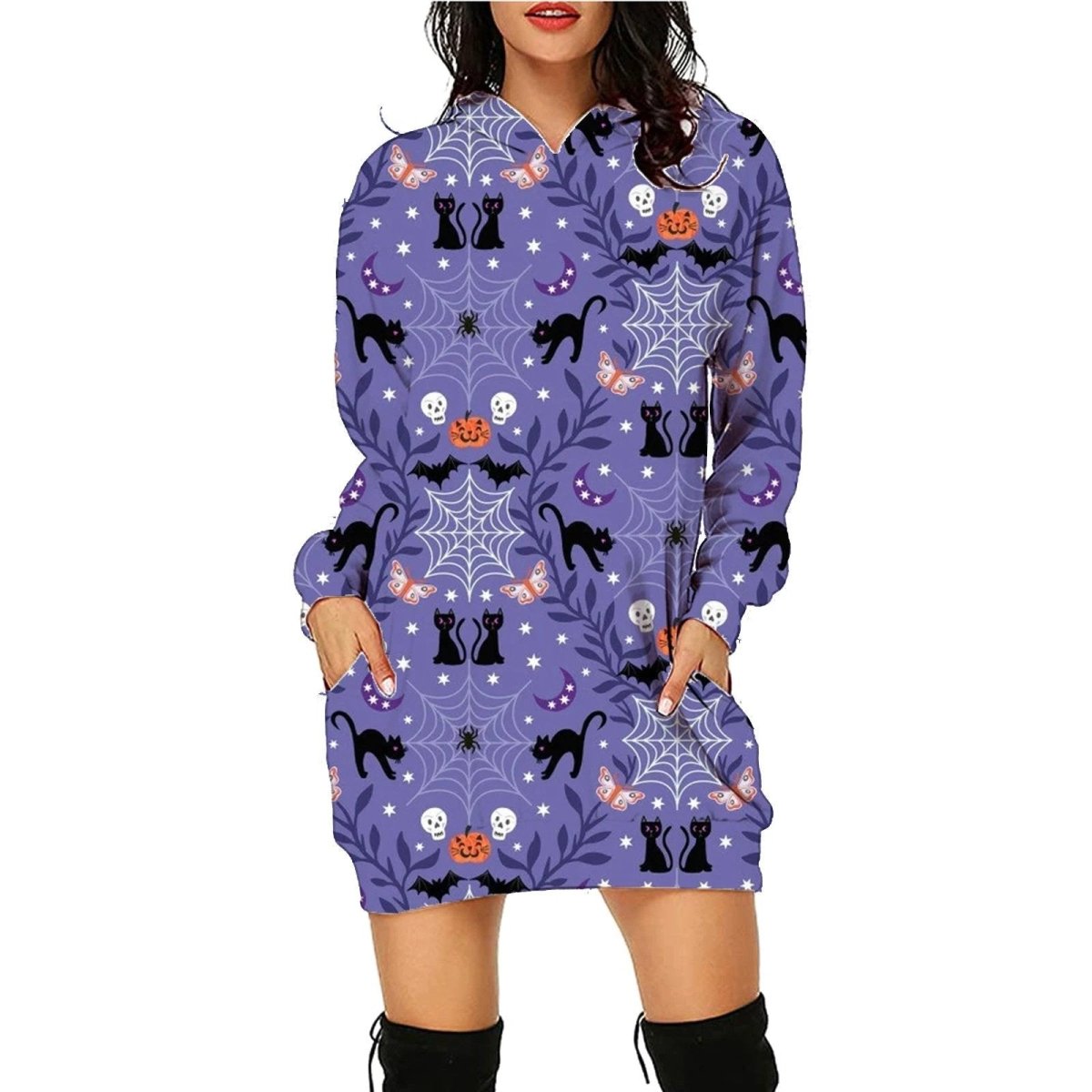 Mandotos Halloween print long hoodie for women with pockets, long sleeves, and festive spooky design.