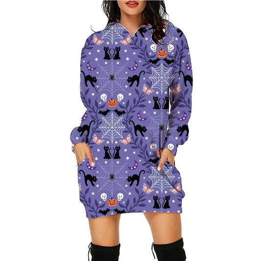 Mandotos Halloween print long hoodie for women with pockets, long sleeves, and festive spooky design.