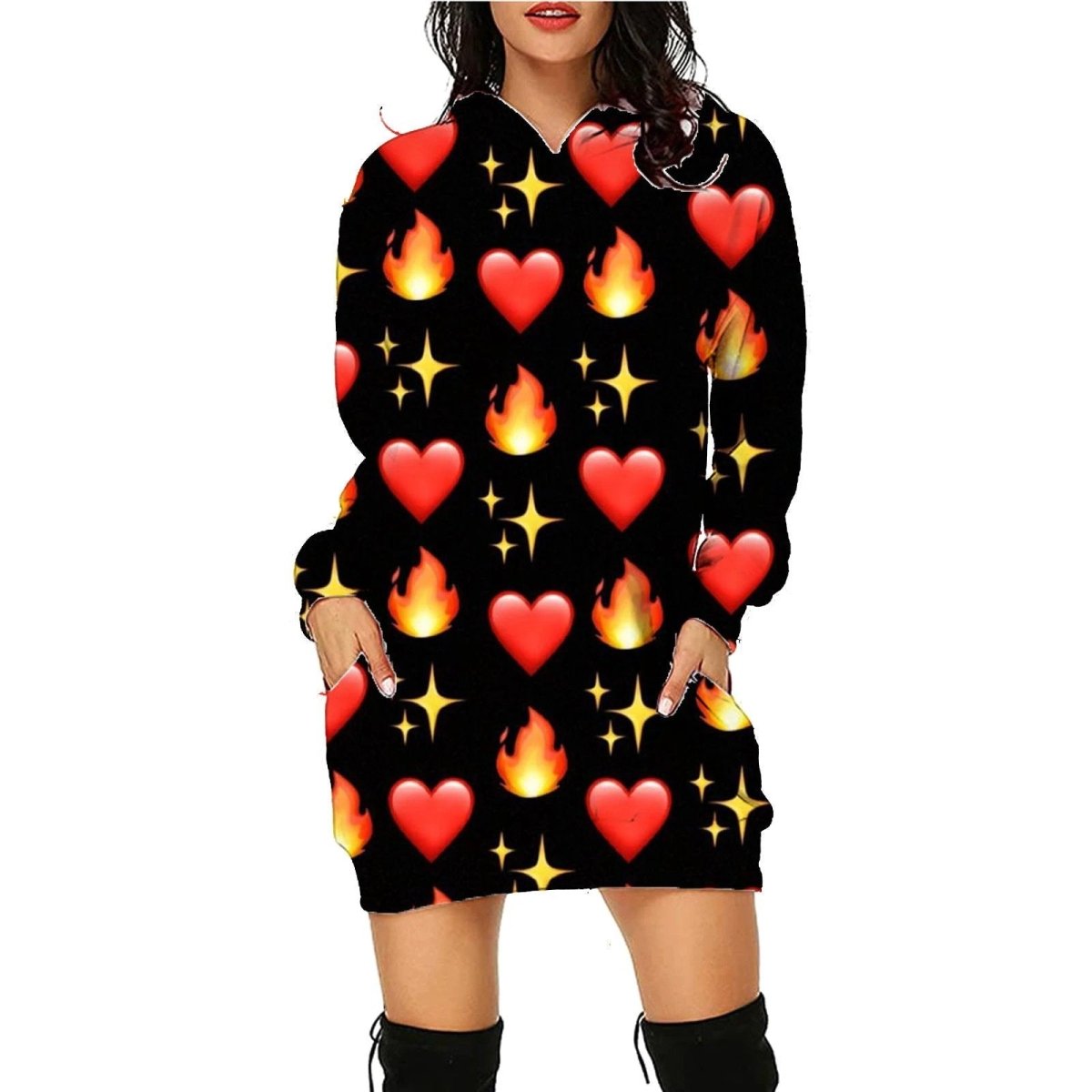 Mandotos Halloween print long hoodie with pockets, long sleeves, cozy sweater for women, featuring festive Halloween design.
