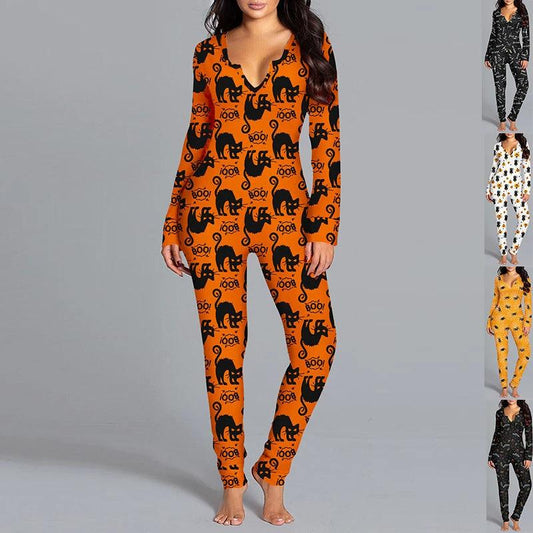 Mandotos Halloween printed long sleeve jumpsuit, cozy home pajamas with festive Halloween design, perfect for comfortable lounging.