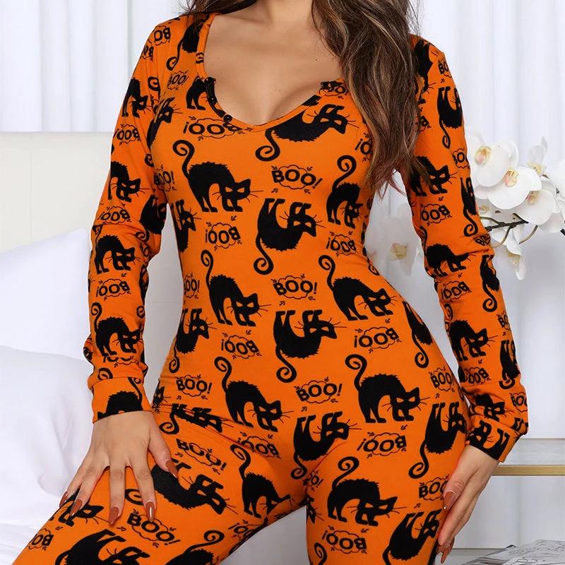 Mandotos Halloween printed jumpsuit with long sleeves, cozy home pajamas featuring festive Halloween-themed designs.