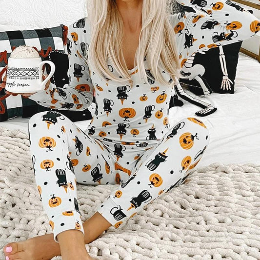 Mandotos Halloween printed long sleeve jumpsuit for home pajamas, featuring festive spooky design and comfortable fit.